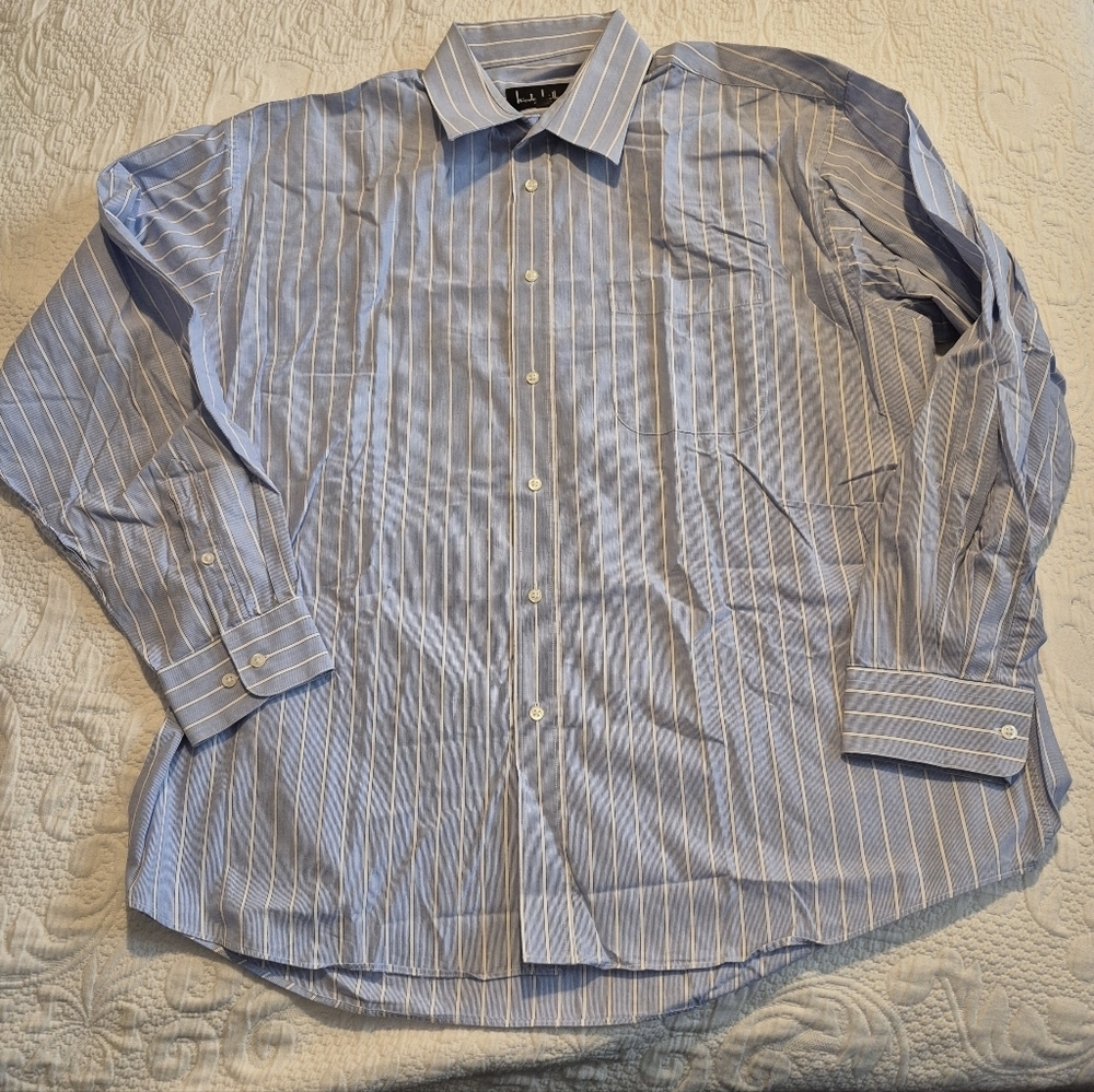 Nicole Miller men's 17 1/2, 34-35 long sleeve blue & white button down shirt